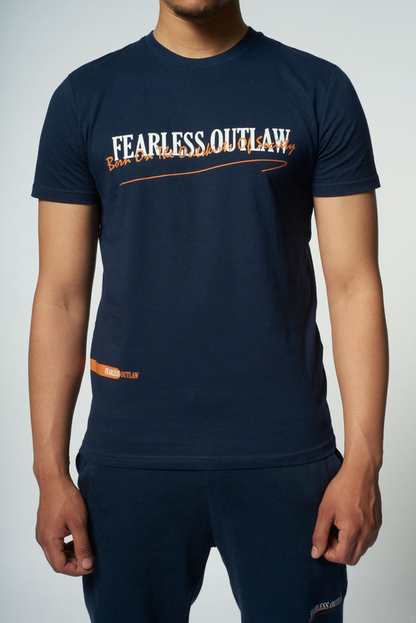 Fearless Outlaw Graffiti T-Shirt - Navy/Orange